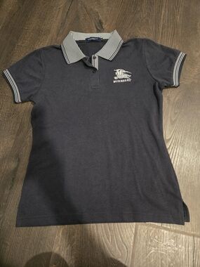 Burberry London Navy Blue Polo Shirt Striped Collar Large Knight Logo S